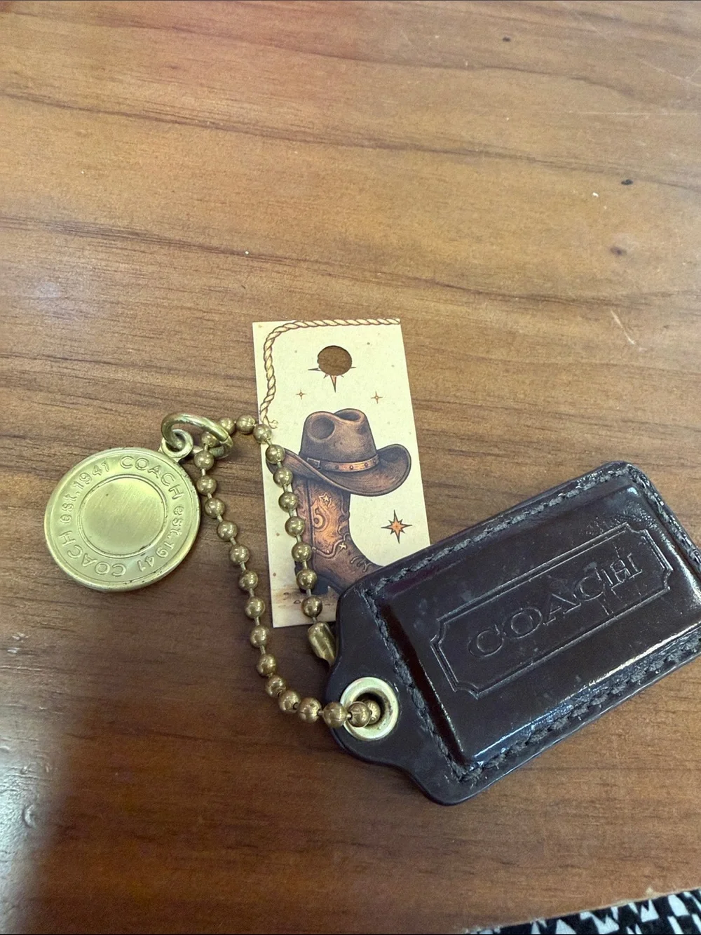 Coach Brown Leather Key Tag with Brass Medallion